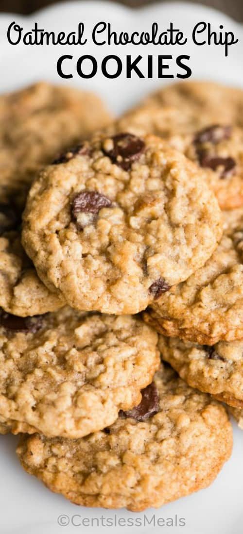 Oatmeal chocolate chip cookies on a plate with a title