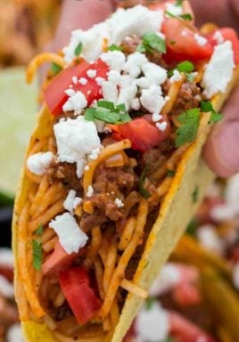Spaghetti tacos with a title