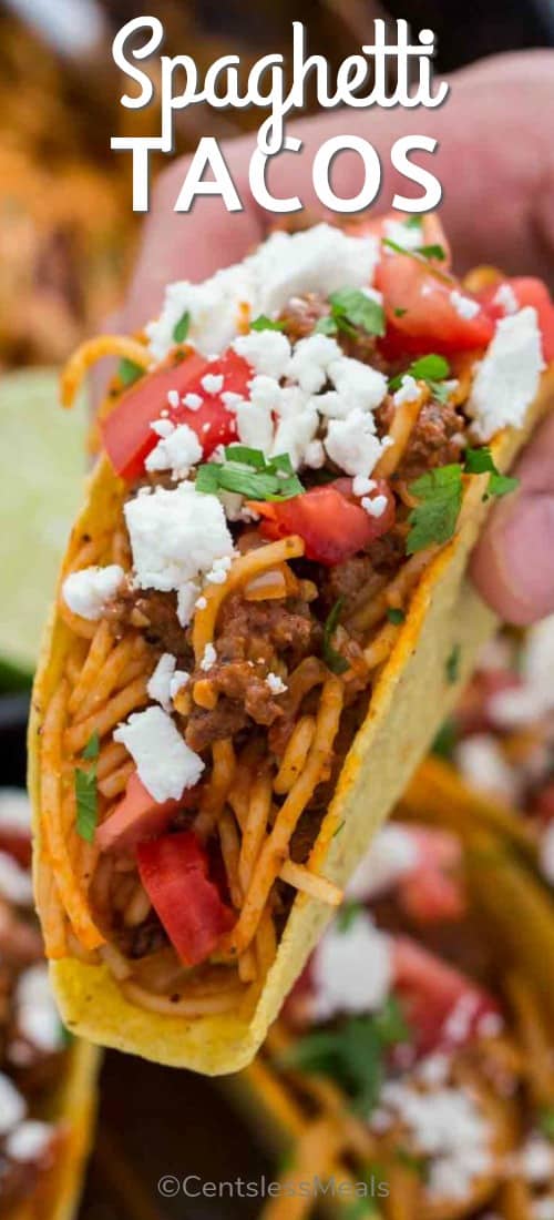 Spaghetti tacos with a title