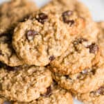 Stack of oatmeal chocolate chip cookies on plate