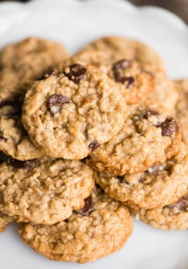 Stack of oatmeal chocolate chip cookies on plate