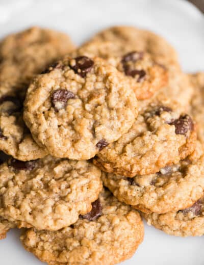 Stack of oatmeal chocolate chip cookies on plate