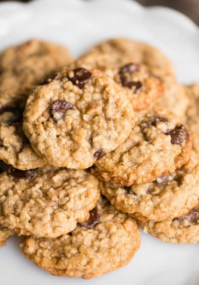 Stack of oatmeal chocolate chip cookies on plate