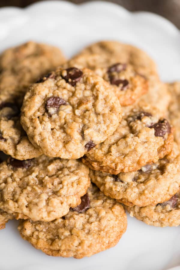 Stack of oatmeal chocolate chip cookies on plate