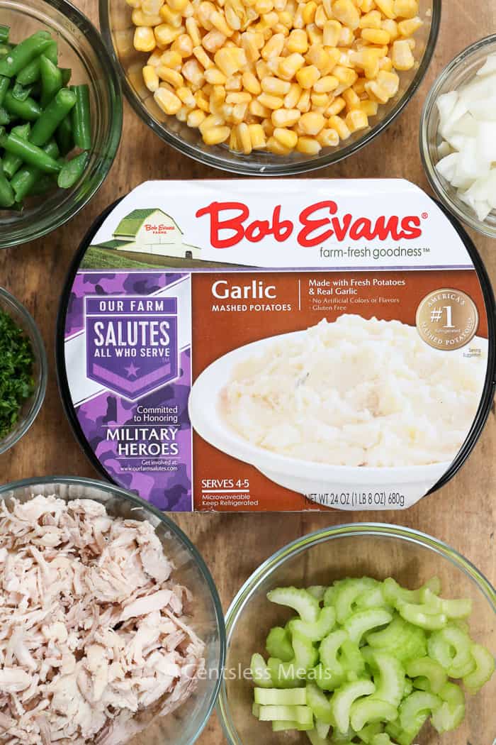 Bob Evans garlic mashed potatoes with other ingredients for leftover turkey casserole
