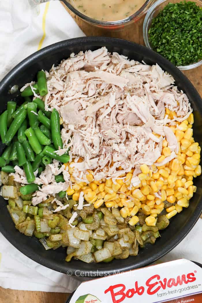 Ingredients for leftover turkey casserole in a pot