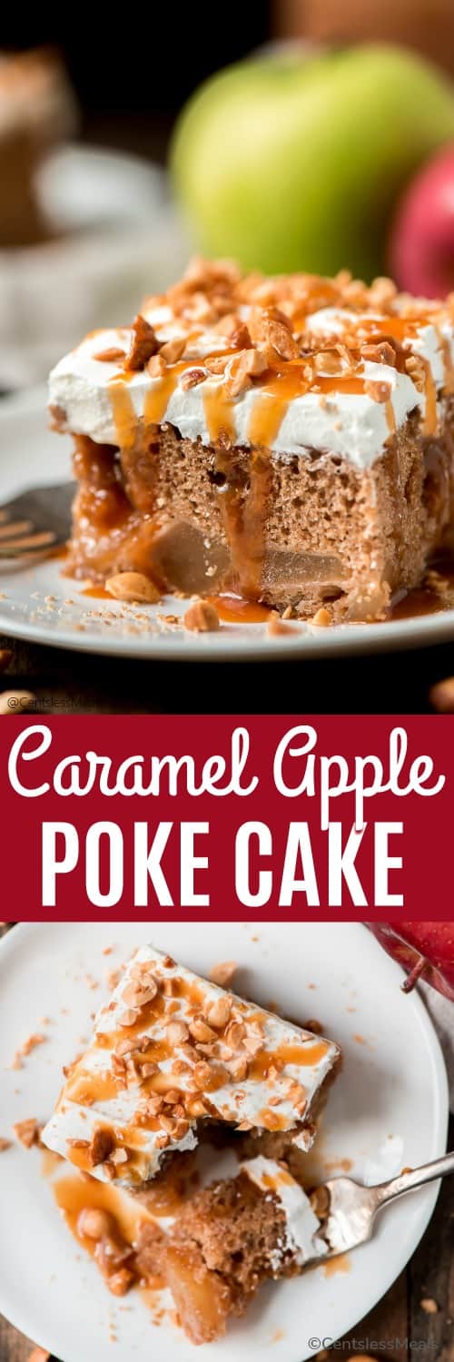Caramel apple poke cake on a plate with a title