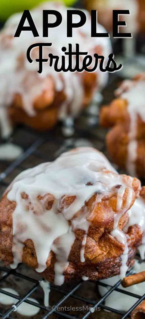 Quick and Easy Apple Fritters are sweet and cinnamon-y. Soft and tender like a pillow they are loaded with apple chucks and topped with a sugar glaze. #centslessmeals #applefritters #deepfried #easyrecipe #friedrecipe #easydessert #withapples #sugarglazed #cinnamonsprinkle