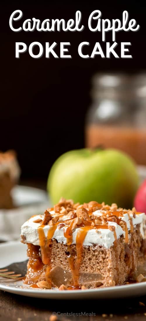 Caramel apple poke cake on a plate with a fork and a title