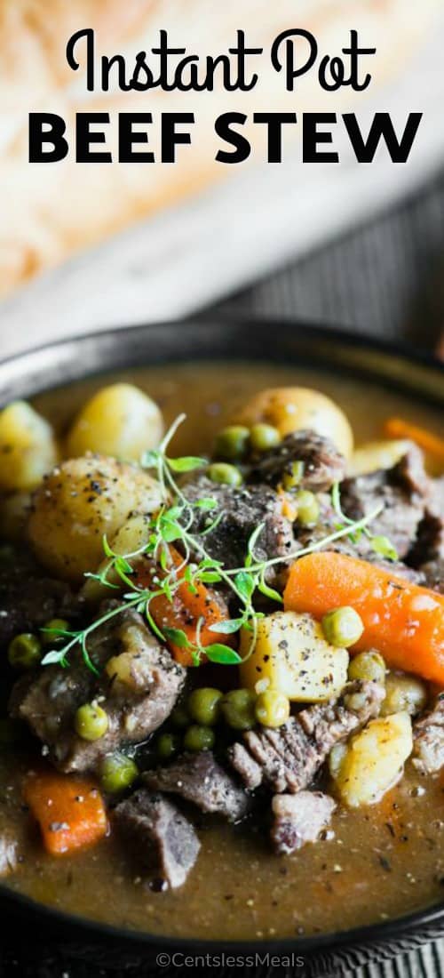 Instant Pot Beef Stew is a quick and hearty meal your family will love. Tender meat, creamy potatoes, and the rich thick broth are delicious! #centslessmeals #instantpot #beefstew #easyrecipe #healthymeal #quickmeal #easymeal #comfortfood #withvegetables