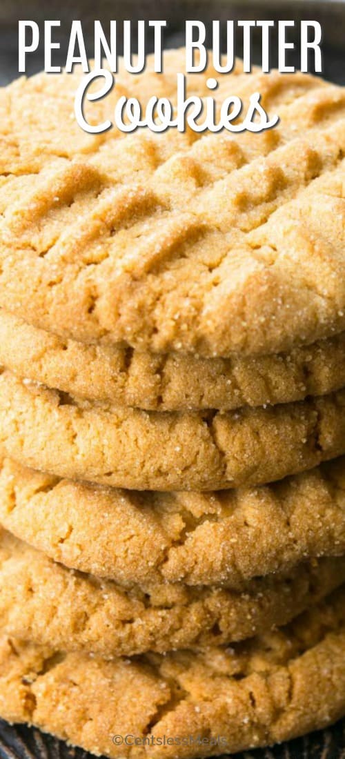 Stack of peanut butter cookies with a title