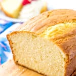 Almond pound cake on a wooden board