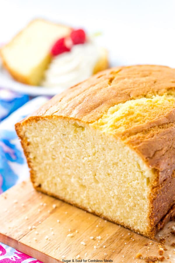 Almond pound cake on a wooden board