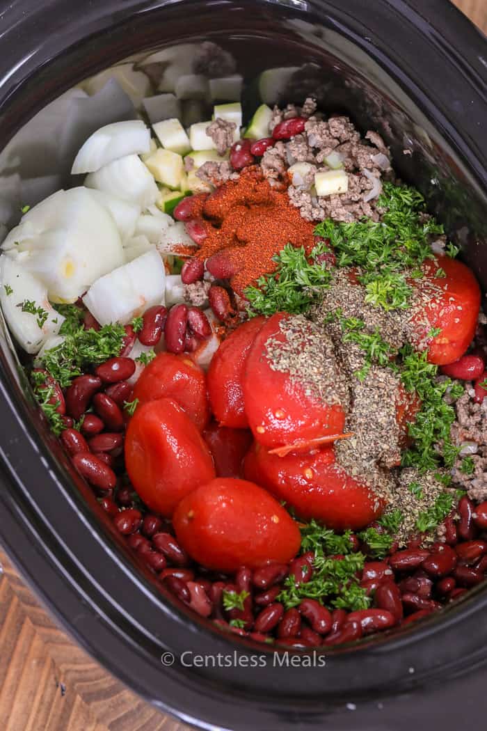 Crockpot chili ingredients in a crock pot