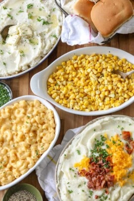 Holiday dinner dishes in white casserole dishes