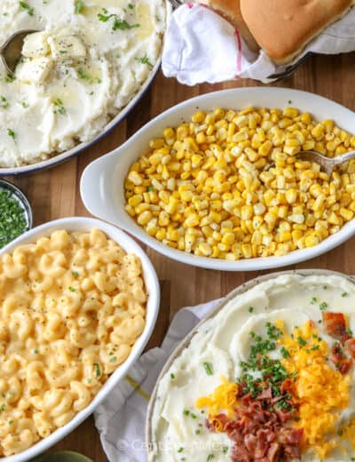 Holiday dinner dishes in white casserole dishes