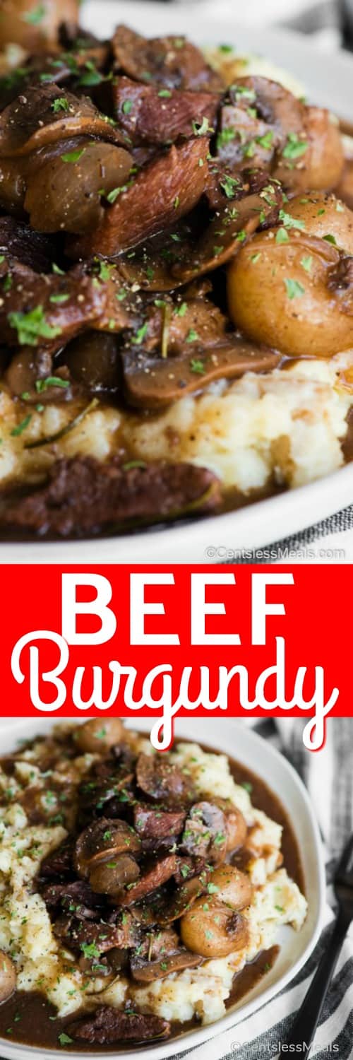 Beef burgundy in a bowl with a title