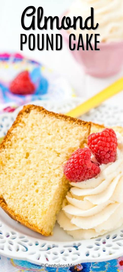 Almond pound cake on a plate with a title