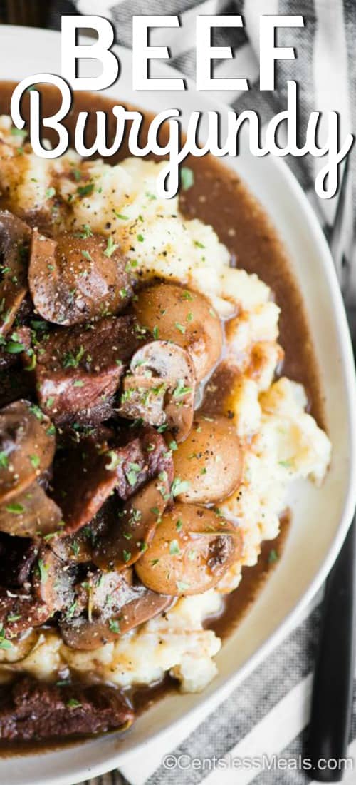 Beef burgundy in a bowl with writing