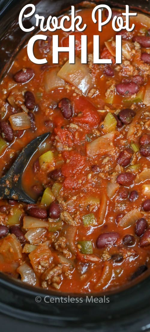 Crockpot chili in a Crock-Pot with a spoon and a title