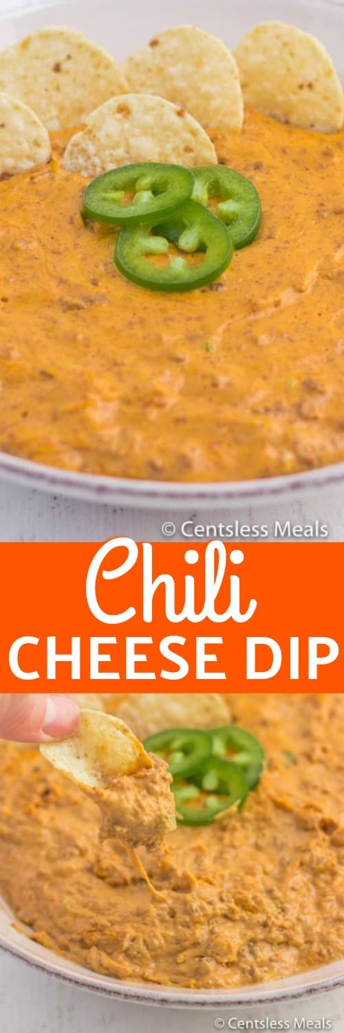 Chili cheese dip in a bowl with jalapenos and tortilla chips with a title