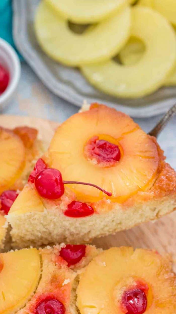 Pineapple upside down cake with cherry and pineapple on top