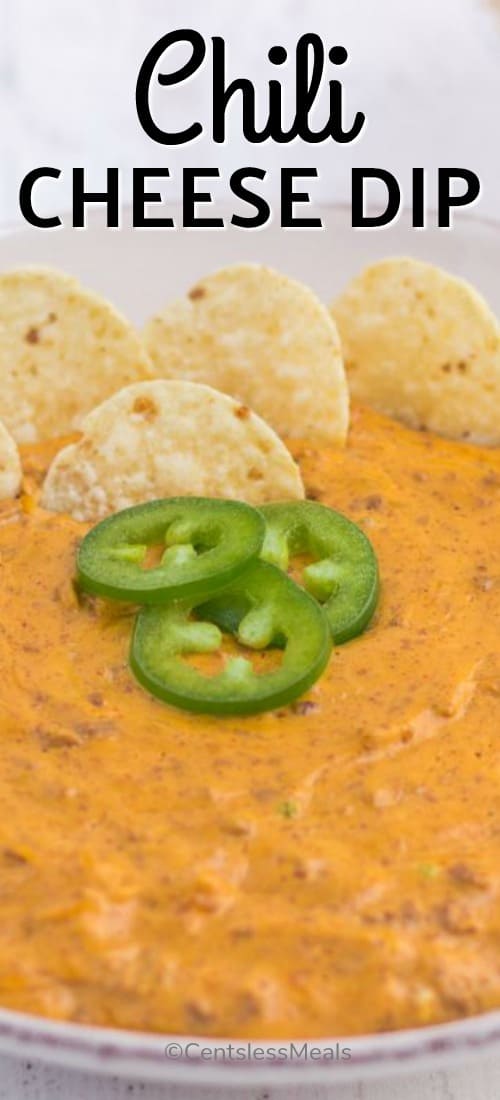 Chili cheese dip with jalapenos and tortilla chips with a title