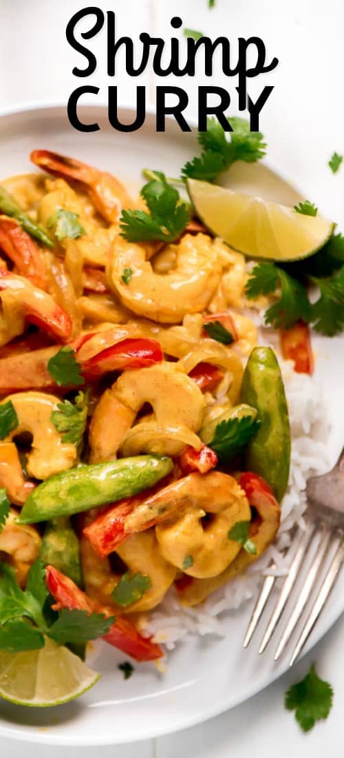 This flavorful Shrimp Curry in a coconut cream sauce is loaded with veggies and served over Jasmine rice. It's the perfect 20 minute weeknight meal for the family! #centslessmeals #shrimp #easyrecipe #thai #curry #weeknightmeal #easydinner #withshrimp #withvegetables