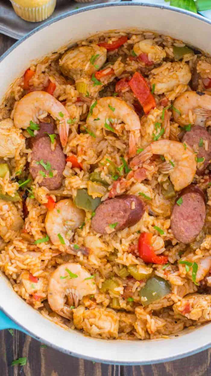 Jambalaya Recipe in a pot garnished with chives