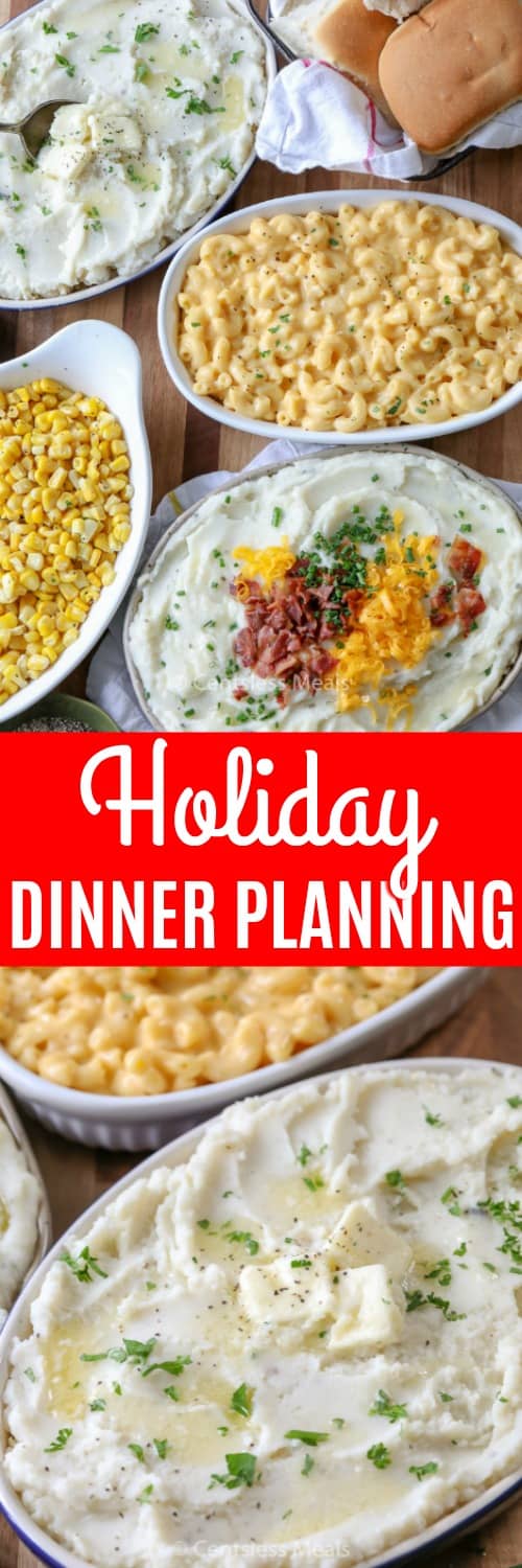 Holiday dinner dishes with a title