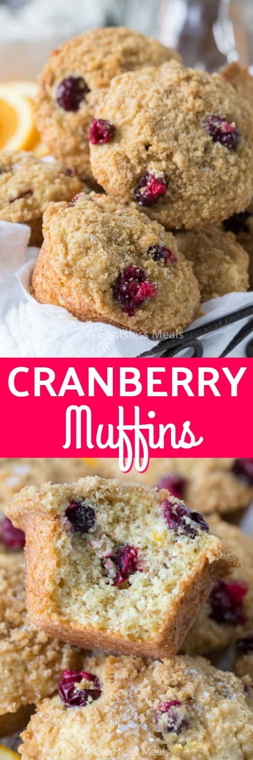 Cranberry orange muffins in a basket and one with a bite taken out with a title