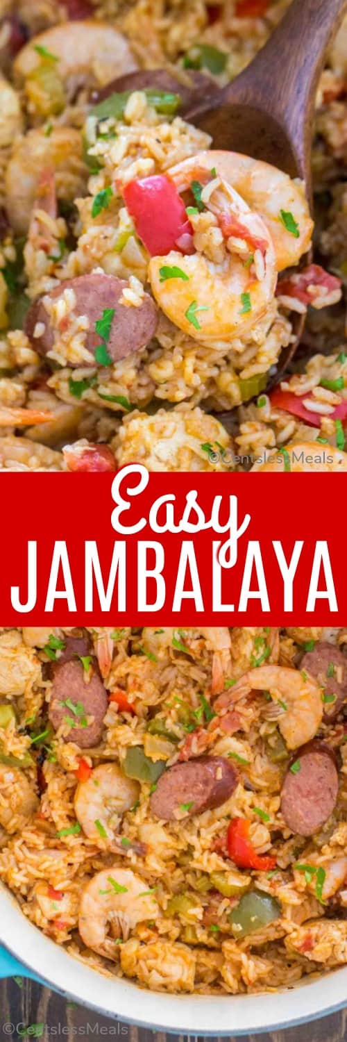 Easy jambalaya in a pot and with a wooden spoon and writing