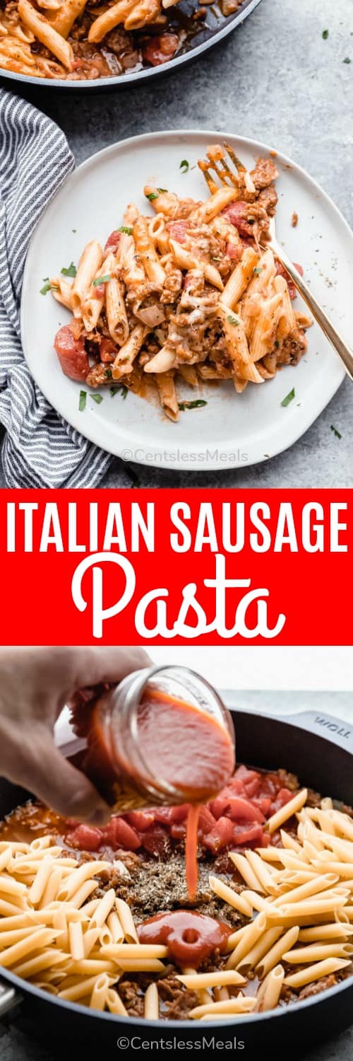 Italian sausage pasta in a pot and on a plate with writing