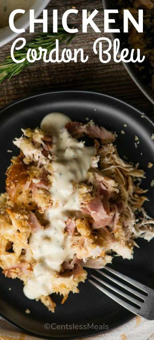Chicken cordon bleu on a plate with a fork and a title