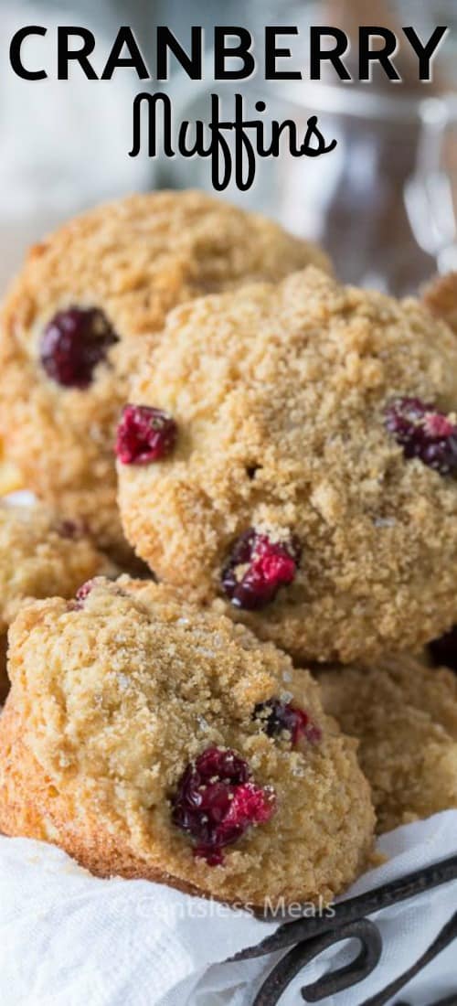 Cranberry orange muffins in a basket with a title