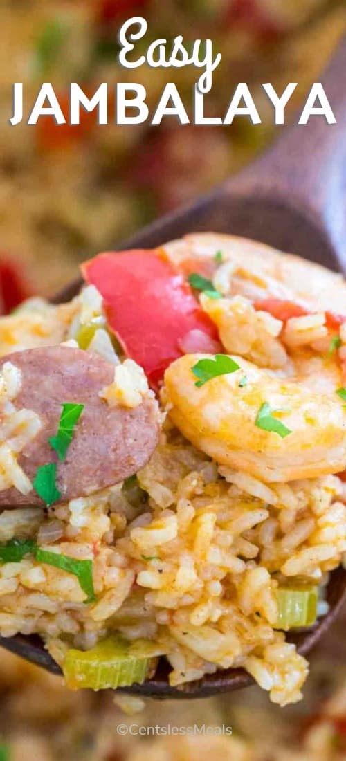 Easy jambalaya on a wooden spoon with a title