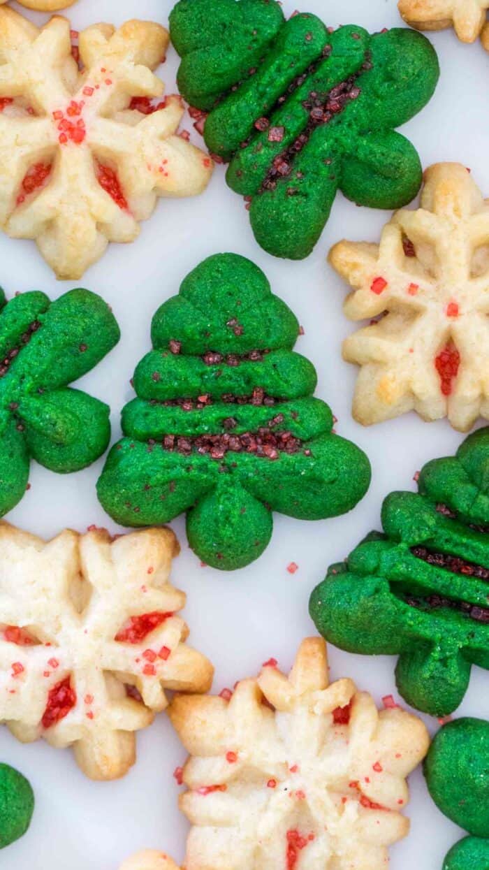 Christmas shaped spritz cookies with sprinkles