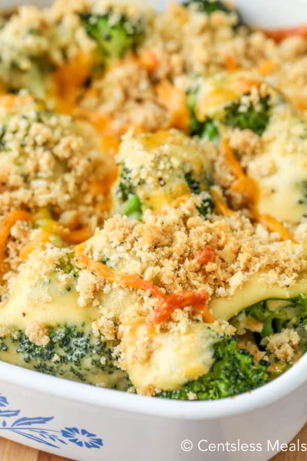 close-up of Broccoli Casserole with cracker crumb topping