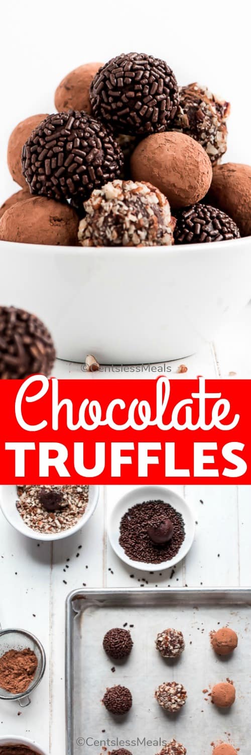 Chocolate truffles on a baking sheet and in a bowl with a title