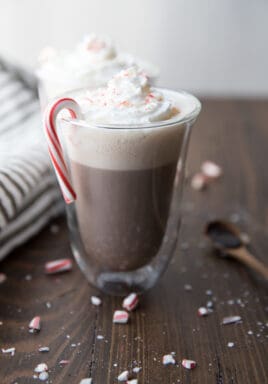 Mug of peppermint mocha with a candy cane on the side
