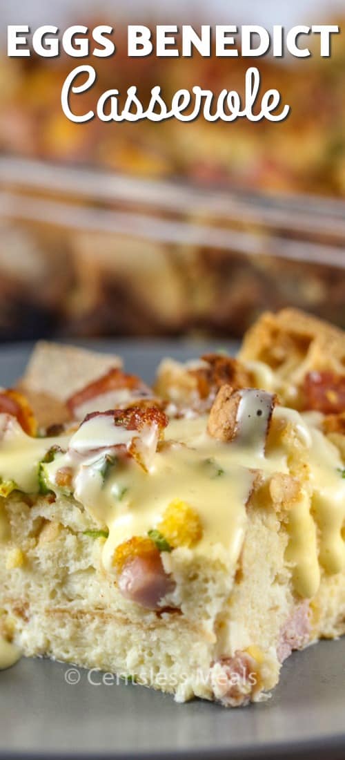 Eggs benedict casserole on a plate with a title