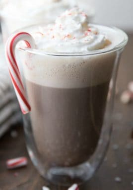 Peppermint mocha latte in glass with a title
