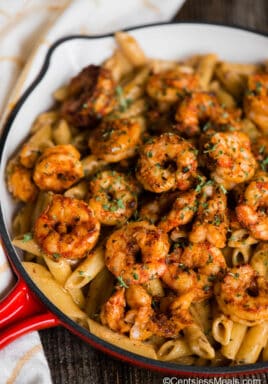 pan of pasta with shrimp