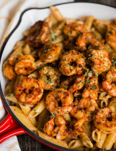 pan of pasta with shrimp