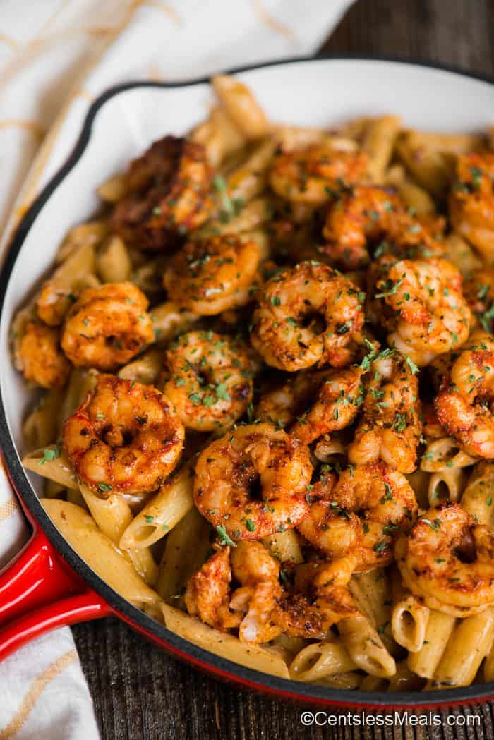 pan of pasta with shrimp