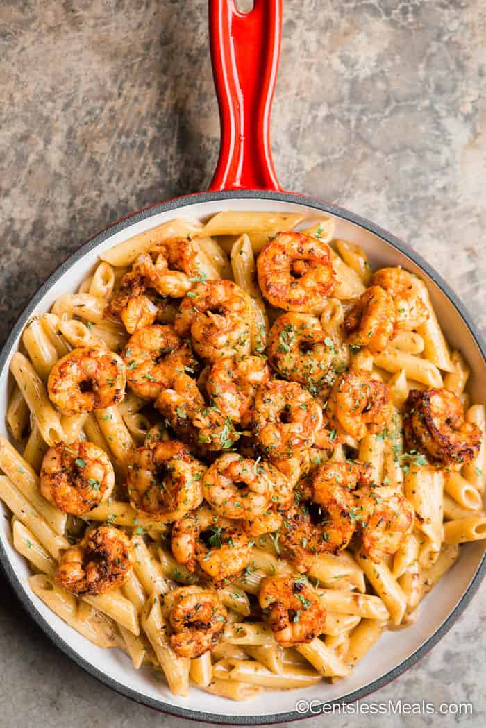 skillet of shrimp and cajun pasta