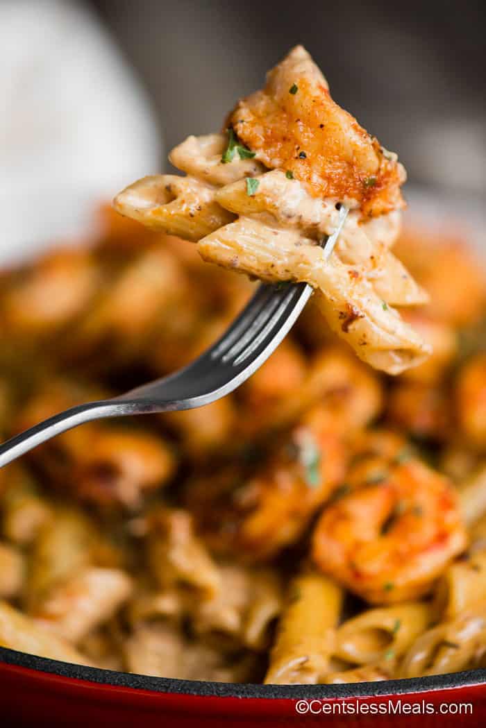 bite of shrimp pasta