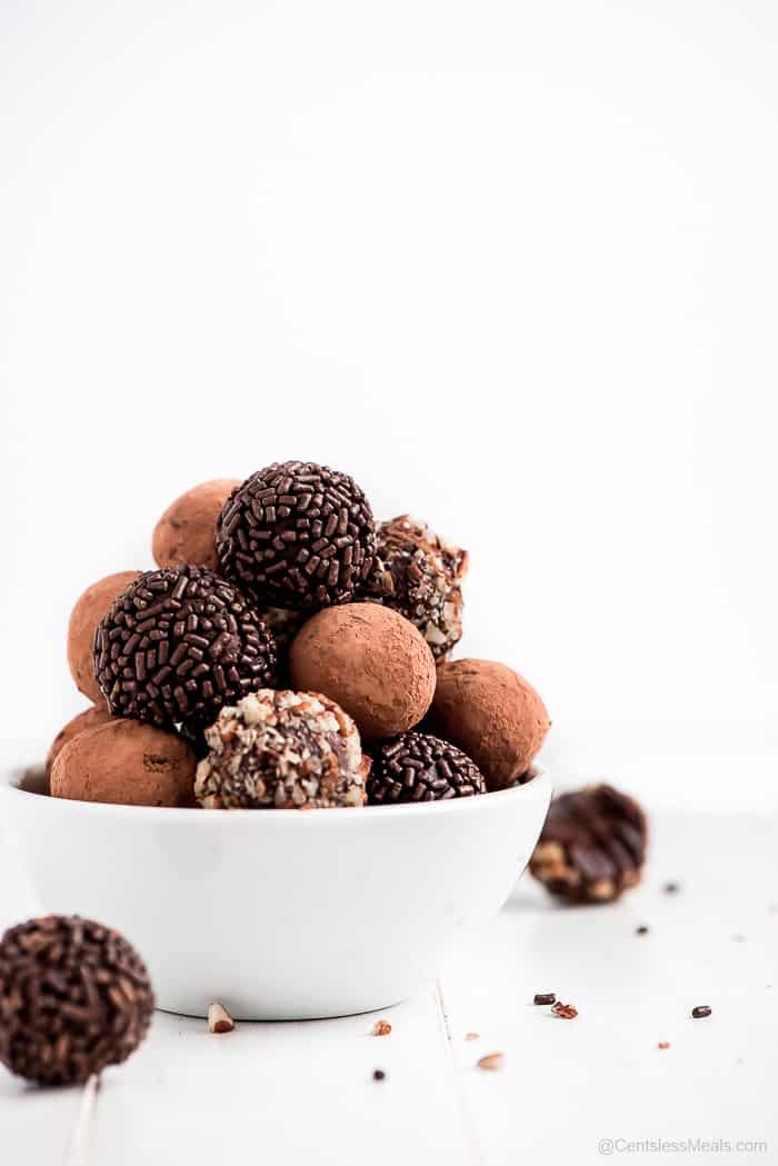 Chocolate truffles in a white bowl