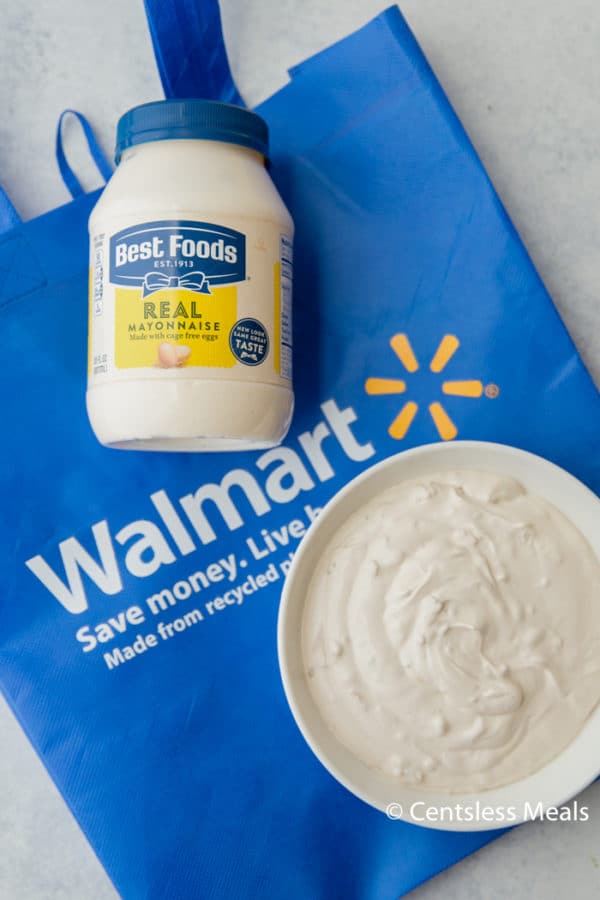 Onion dip with Hellman's mayonnaise and a Walmart grocery bag