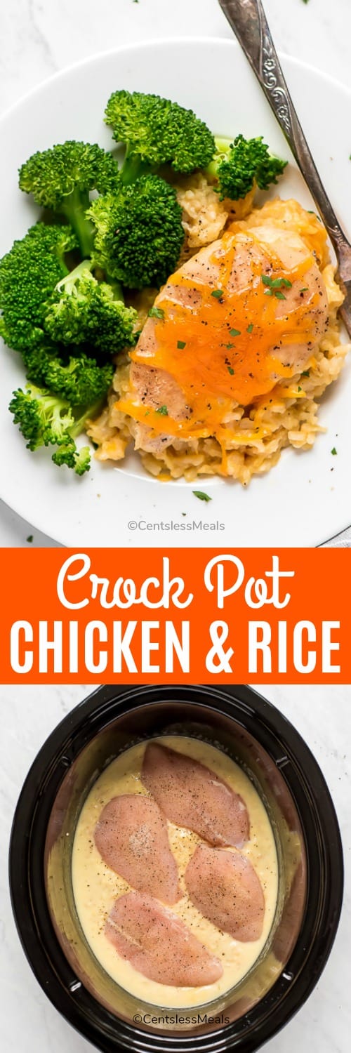 Raw chicken with sauce in a crock pot and Crock-Pot chicken and rice on a plate with a title